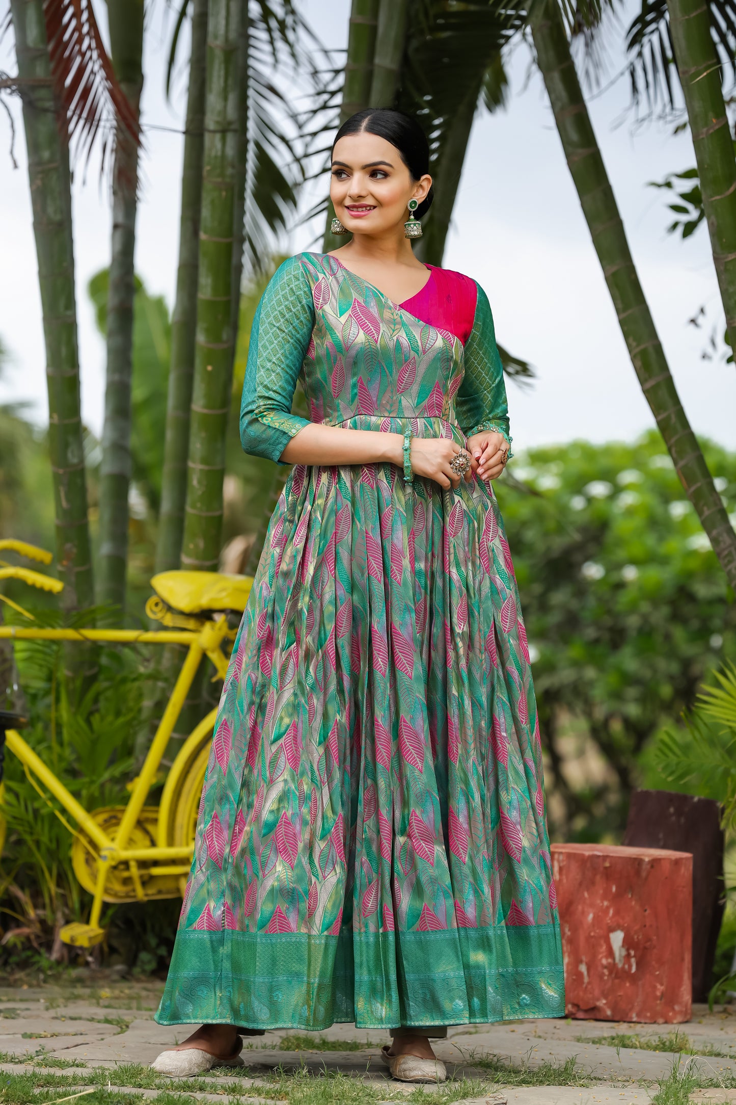 Green Ethnic Motifs Maxi Ethnic Dresses