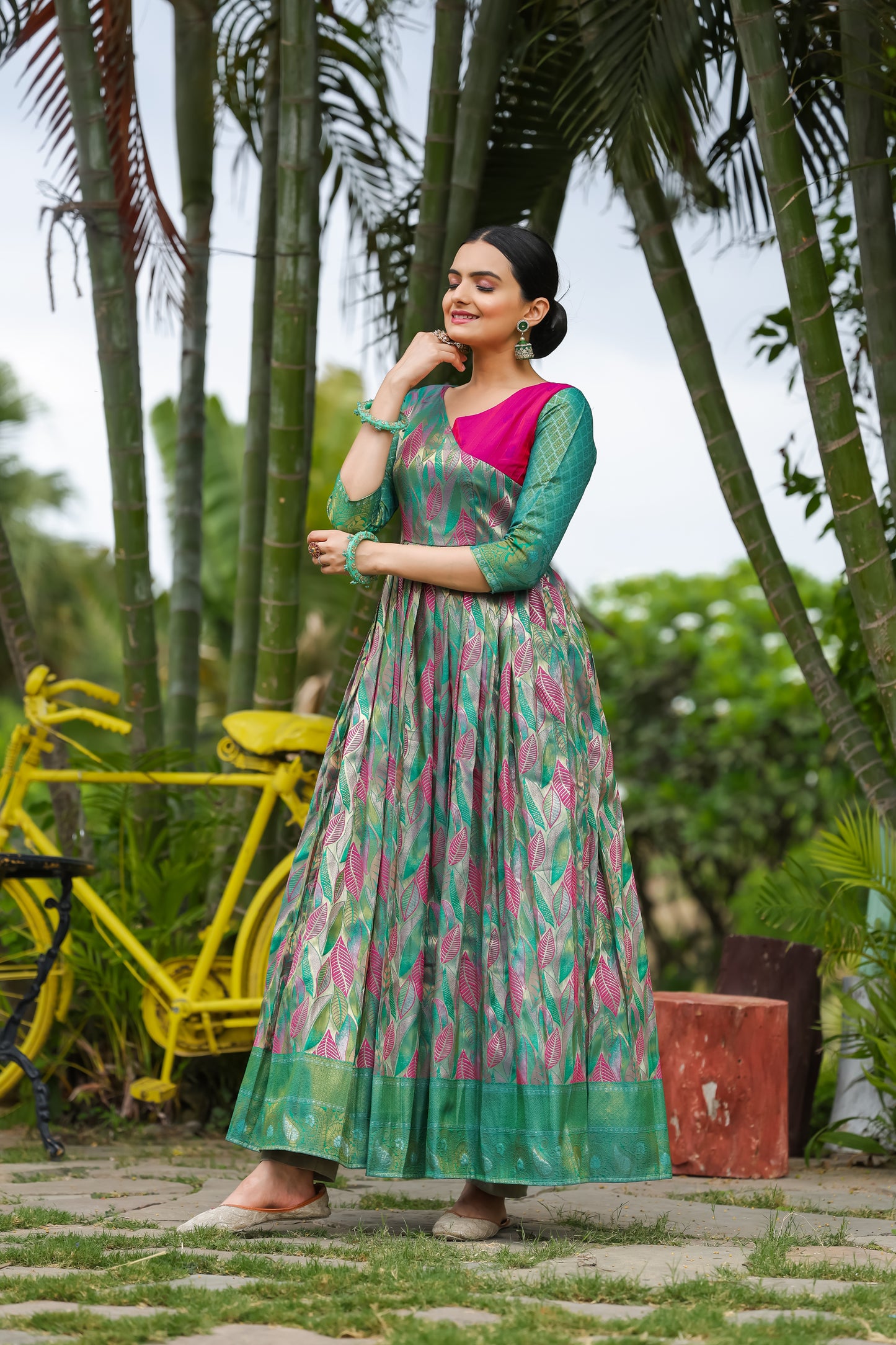 Green Ethnic Motifs Maxi Ethnic Dresses