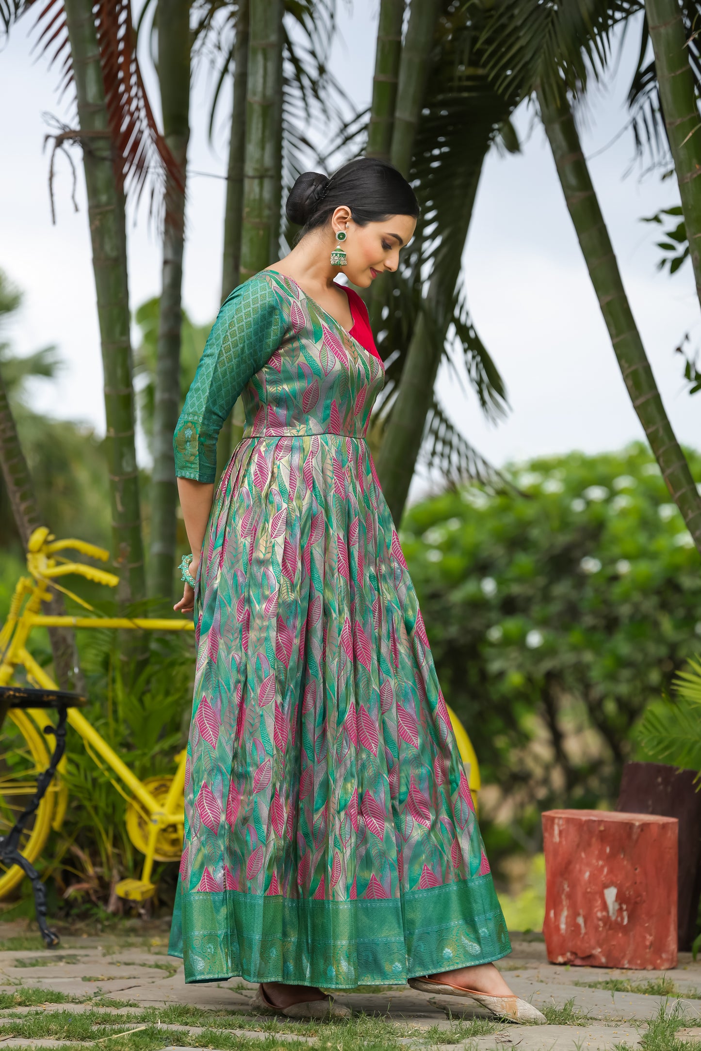 Green Ethnic Motifs Maxi Ethnic Dresses