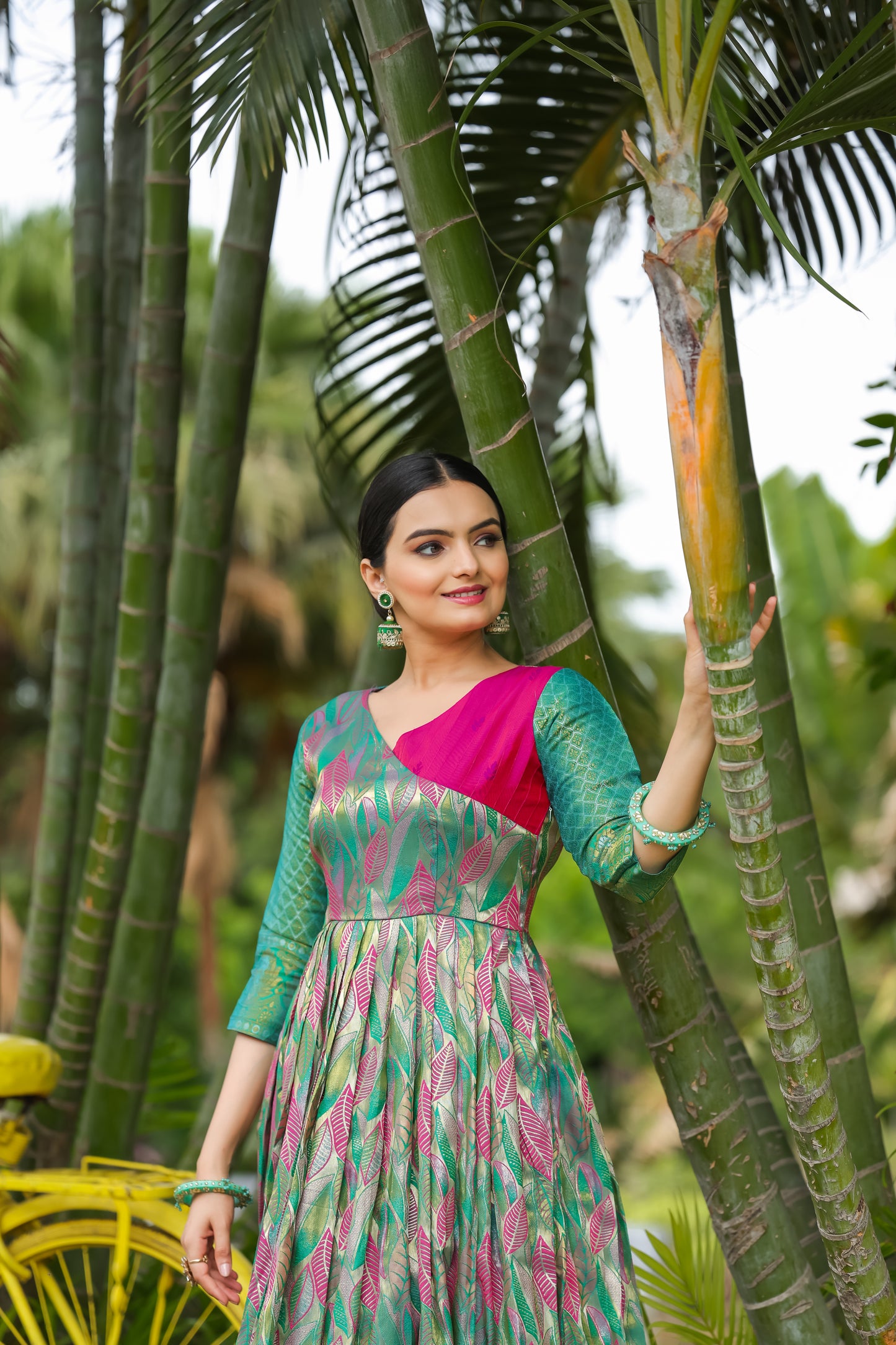 Green Ethnic Motifs Maxi Ethnic Dresses