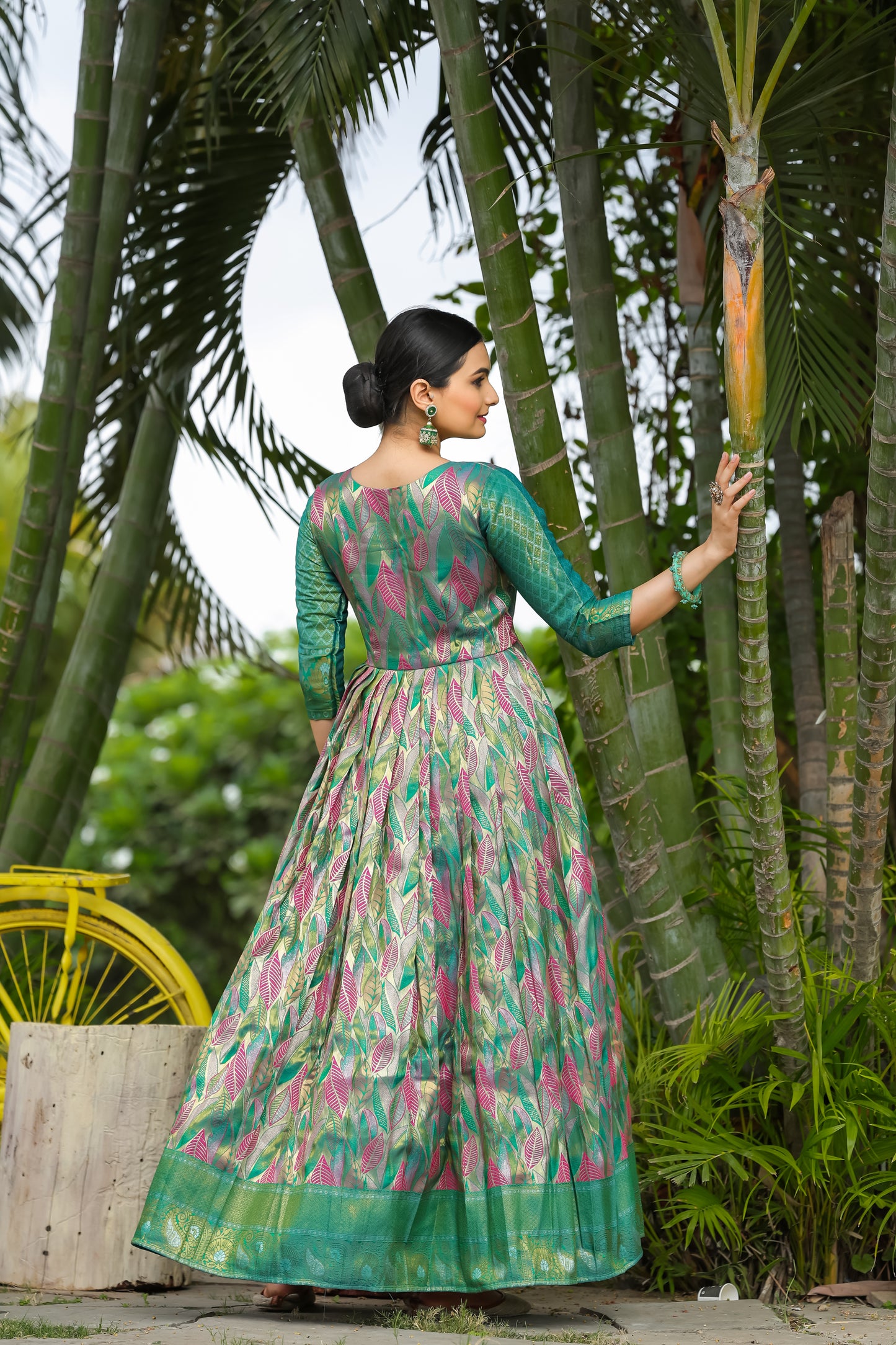Green Ethnic Motifs Maxi Ethnic Dresses