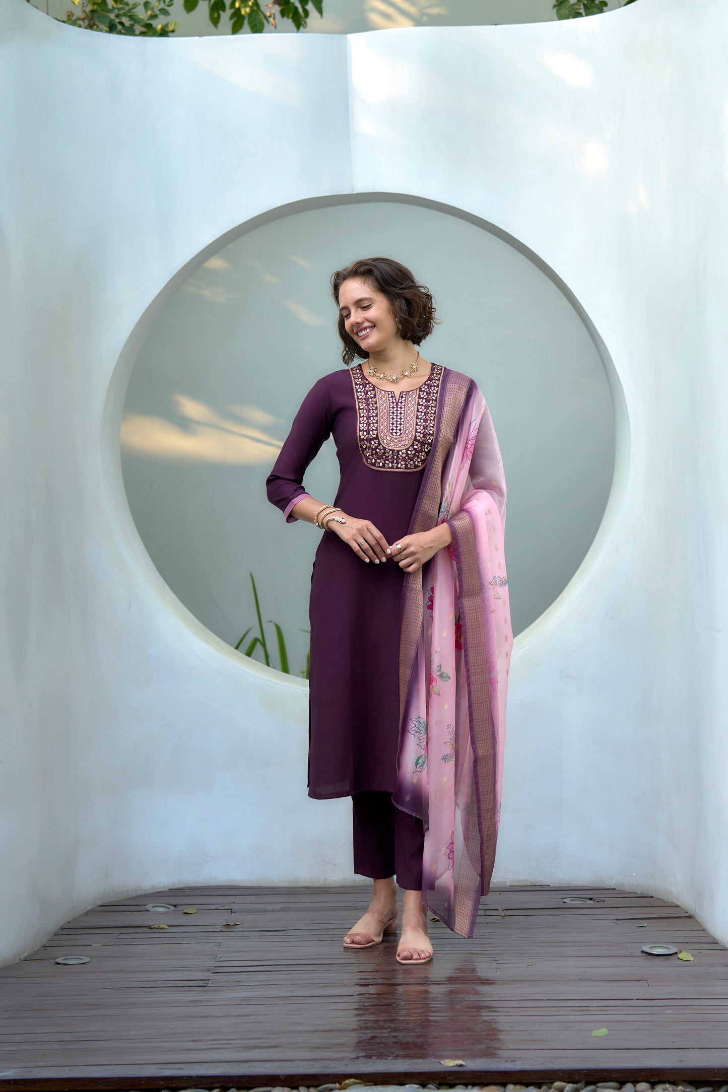 Purple Vatican Kurta Set with Embroidered Neckline & Organza Butti Dupatta