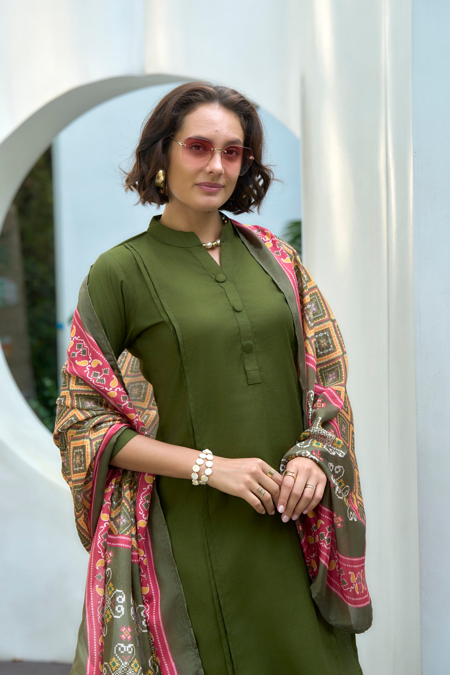 Green Vatican Kurta Set with Embroidered Neckline & Chinnon Dupatta