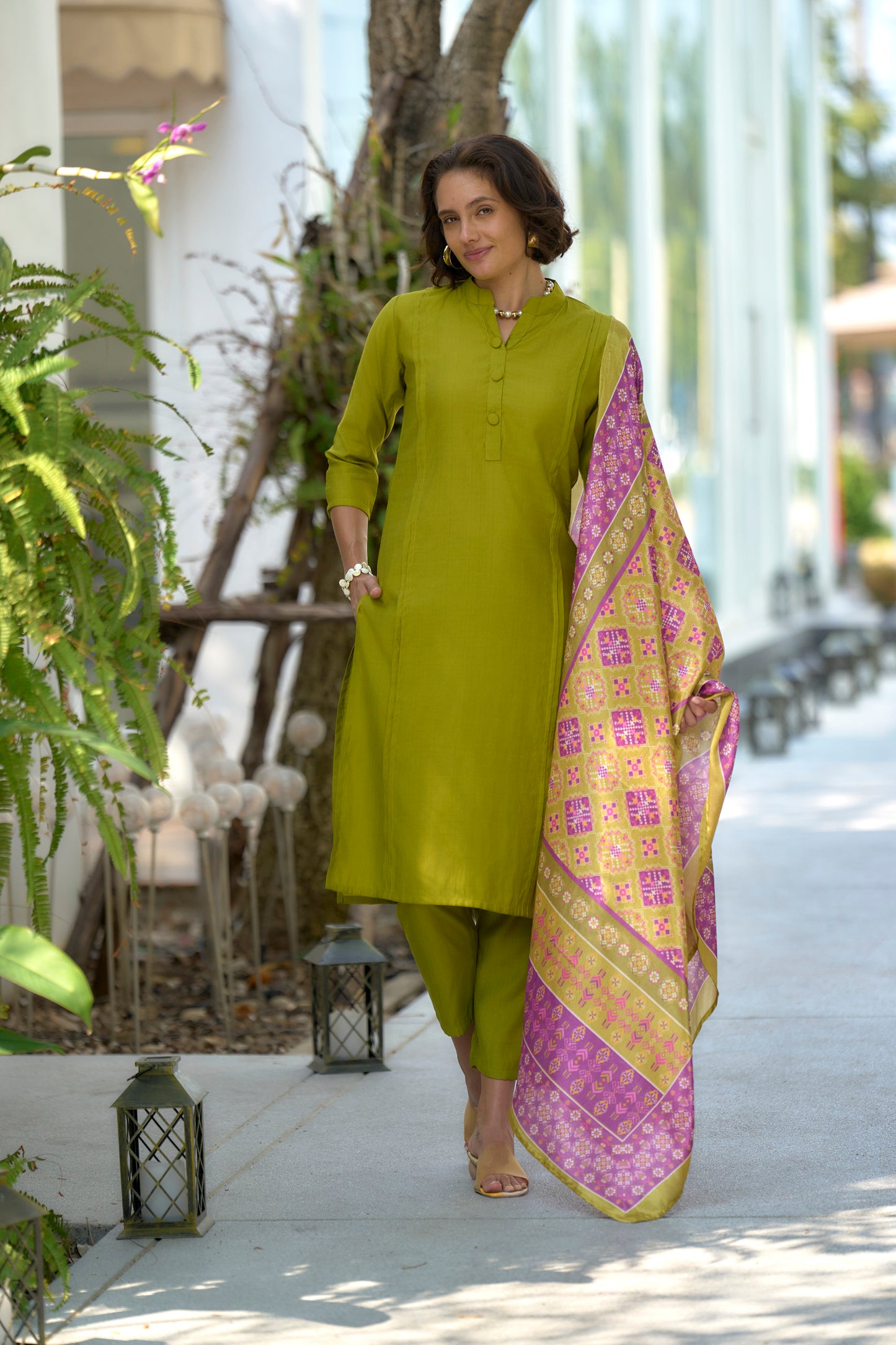Mehendi Green Vatican Kurta Set with Embroidered Neckline and Chinnon Dupatta