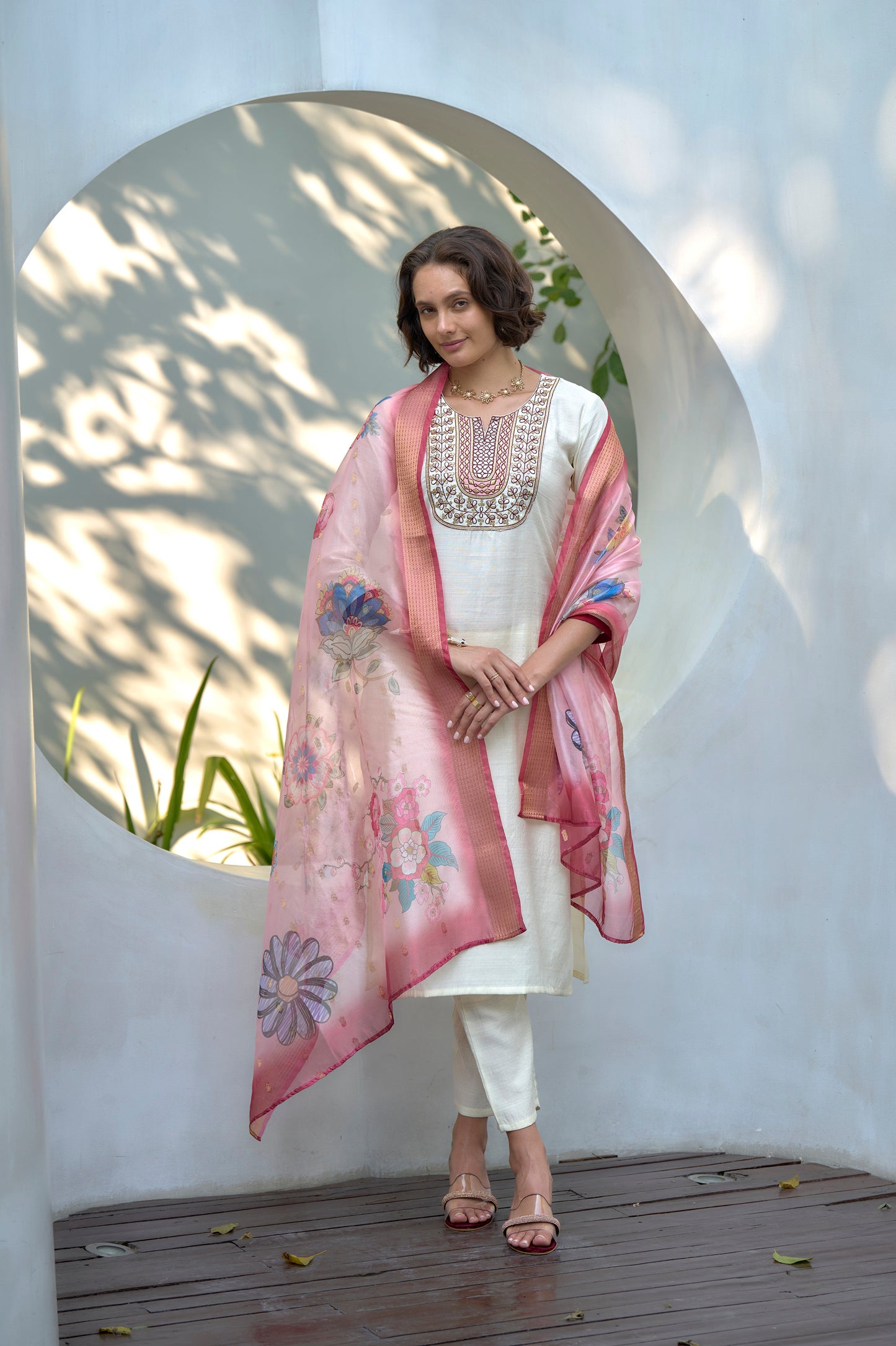 Off-White Vatican Kurta Set with Embroidered Neckline & Organza Butti Dupatta