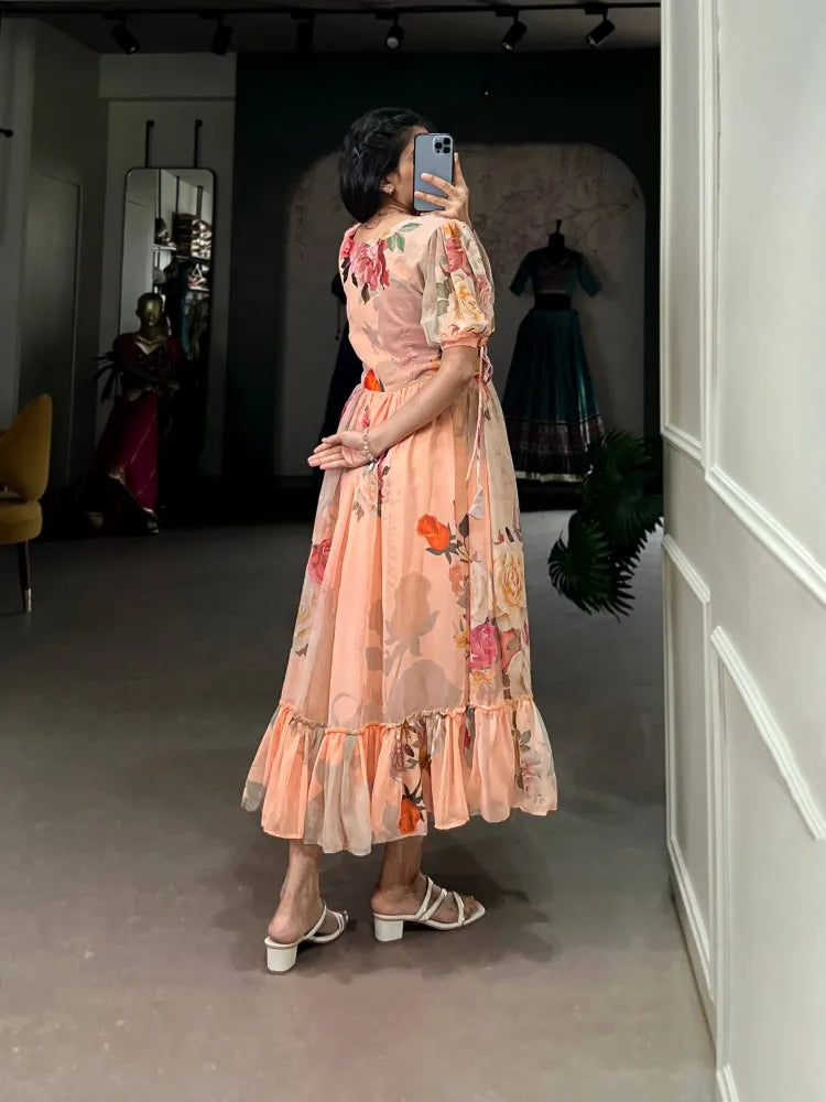 Peach Color Western Dress with Fancy Sleeve in Georgette With Floral Print
