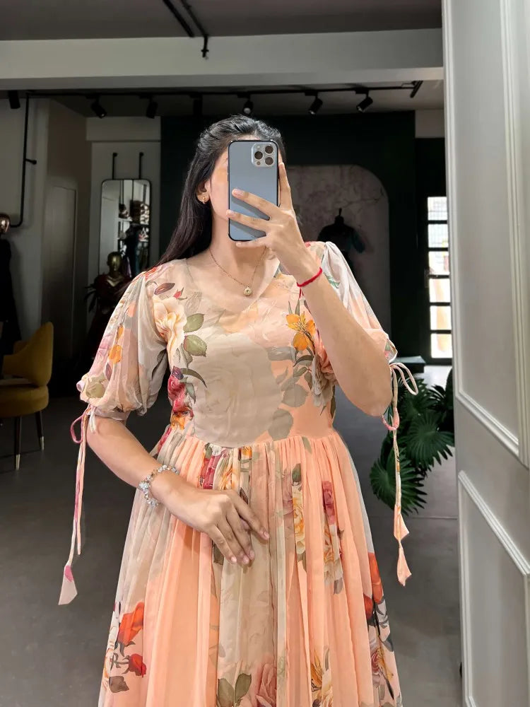 Peach Color Western Dress with Fancy Sleeve in Georgette With Floral Print