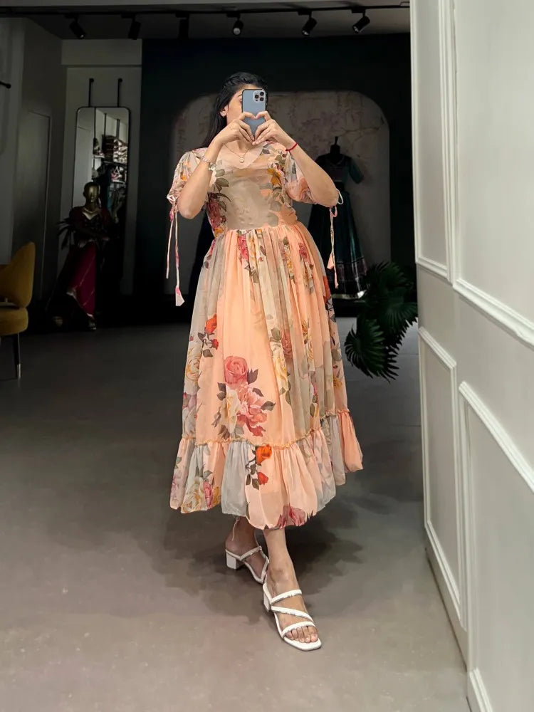 Peach Color Western Dress with Fancy Sleeve in Georgette With Floral Print