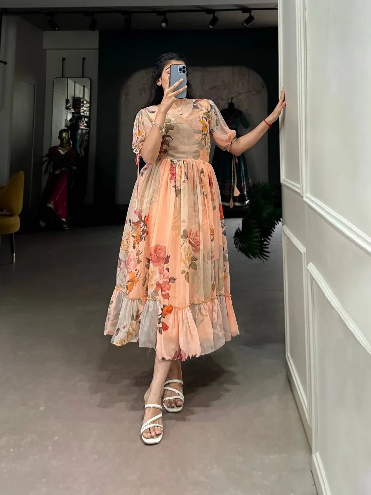 Peach Color Western Dress with Fancy Sleeve in Georgette With Floral Print