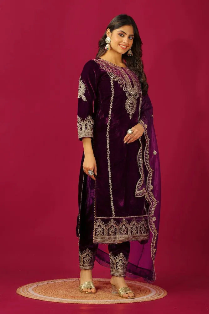 Designer Salwar Suit in Wine Color Velvet With Heavy Sequins Embroidery Work