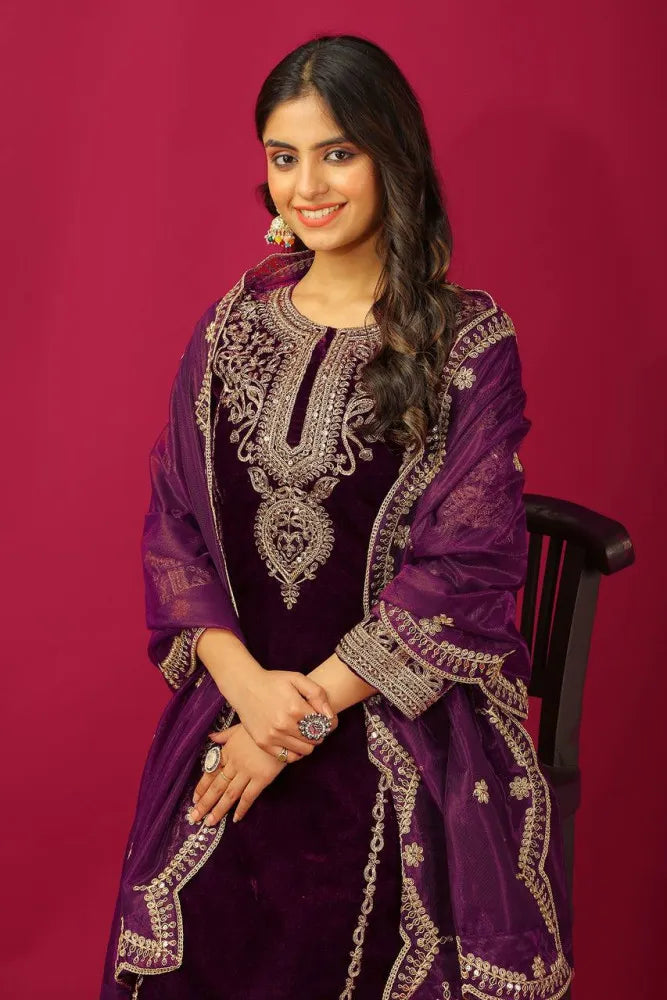 Designer Salwar Suit in Wine Color Velvet With Heavy Sequins Embroidery Work