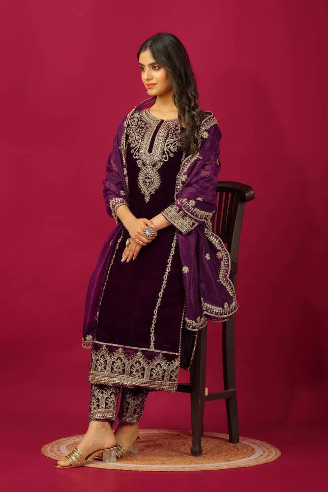 Designer Salwar Suit in Wine Color Velvet With Heavy Sequins Embroidery Work