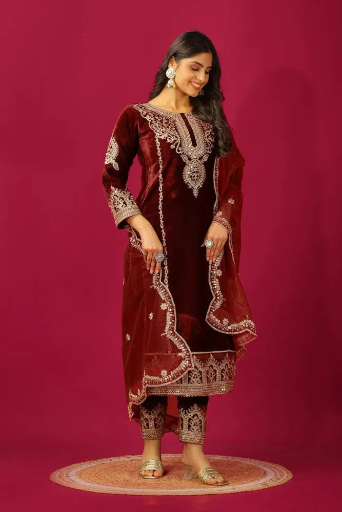 Designer Salwar Suit in Maroon Color Velvet With Heavy Sequins Embroidery Work