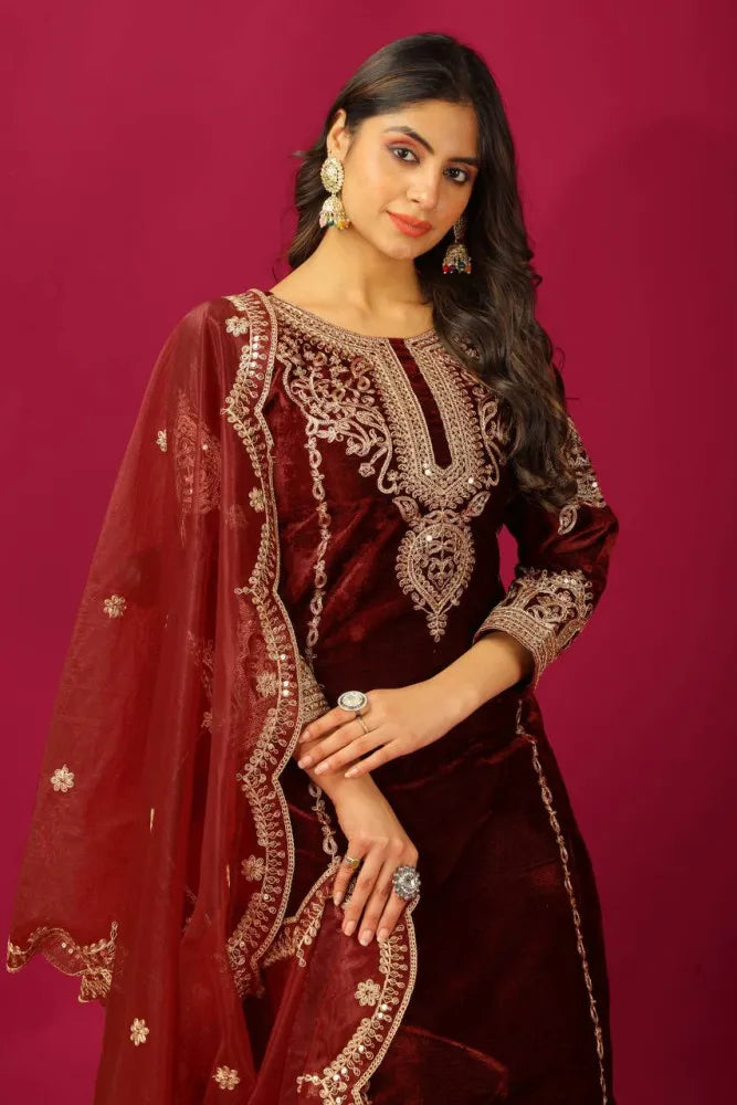Designer Salwar Suit in Maroon Color Velvet With Heavy Sequins Embroidery Work