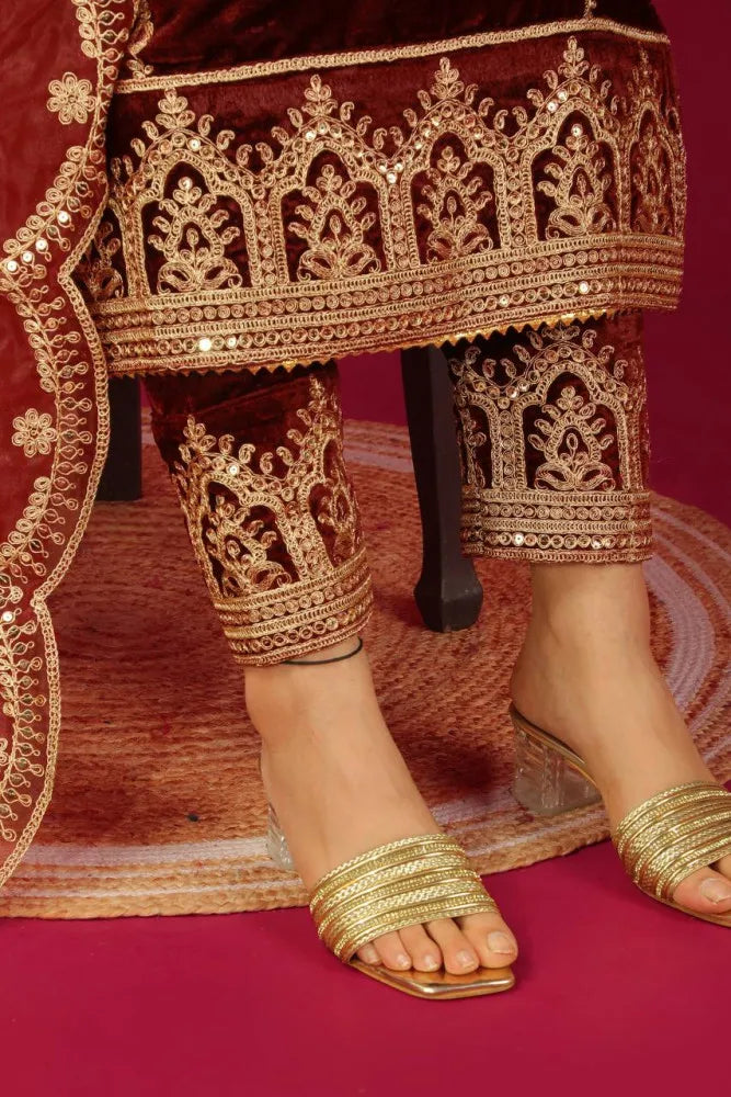 Designer Salwar Suit in Maroon Color Velvet With Heavy Sequins Embroidery Work