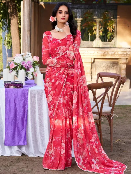 Elegant Weightless Marble Printed Red Saree with Pearl Lace Border | Lightweight Designer Saree for Women
