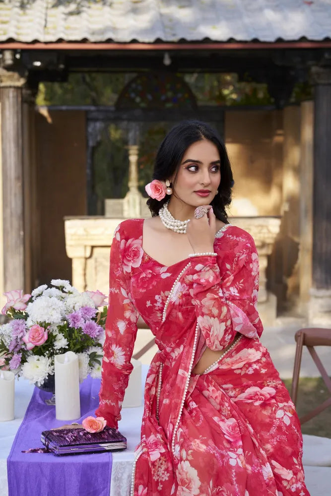 Elegant Weightless Marble Printed Red Saree with Pearl Lace Border | Lightweight Designer Saree for Women