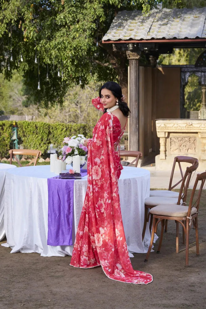 Elegant Weightless Marble Printed Red Saree with Pearl Lace Border | Lightweight Designer Saree for Women