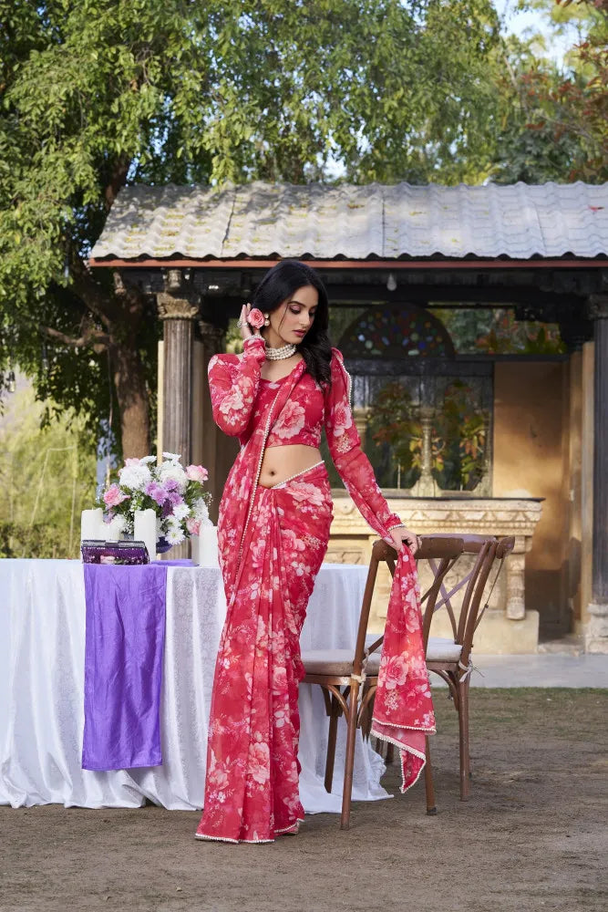 Elegant Weightless Marble Printed Red Saree with Pearl Lace Border | Lightweight Designer Saree for Women