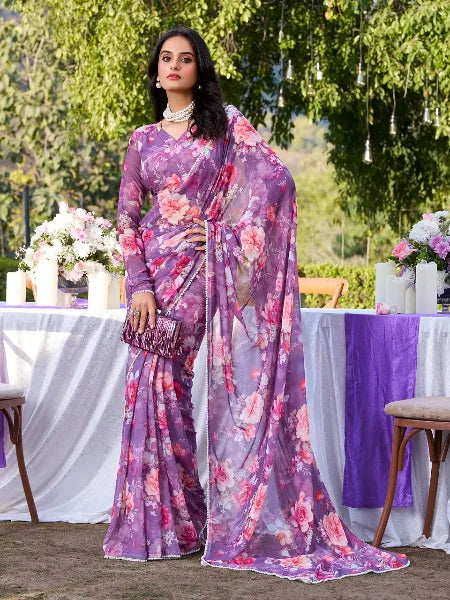 Elegant Weightless Marble Printed Purple Saree with Pearl Lace Border | Lightweight Designer Saree for Women