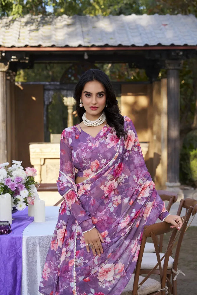 Elegant Weightless Marble Printed Purple Saree with Pearl Lace Border | Lightweight Designer Saree for Women