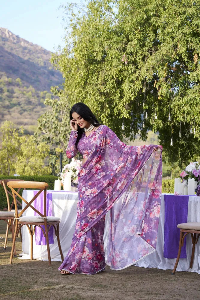 Elegant Weightless Marble Printed Purple Saree with Pearl Lace Border | Lightweight Designer Saree for Women