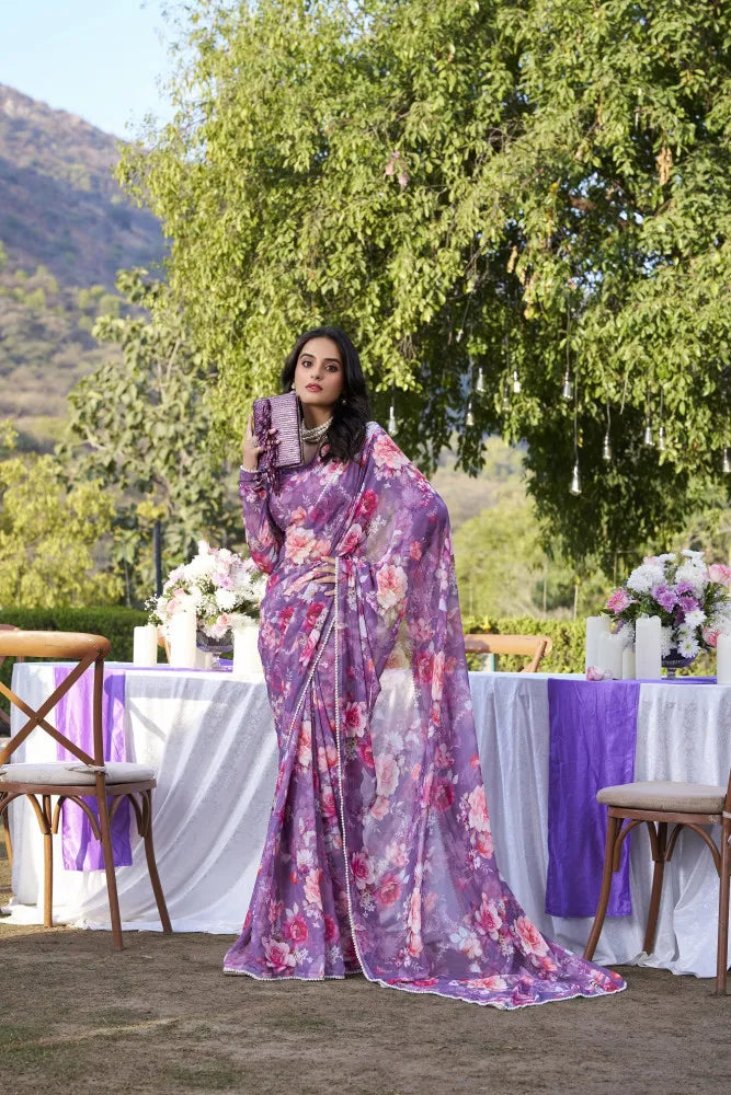Elegant Weightless Marble Printed Purple Saree with Pearl Lace Border | Lightweight Designer Saree for Women