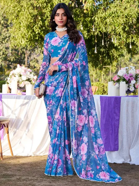 Elegant Weightless Marble Printed Blue Saree with Pearl Lace Border | Lightweight Designer Saree for Women