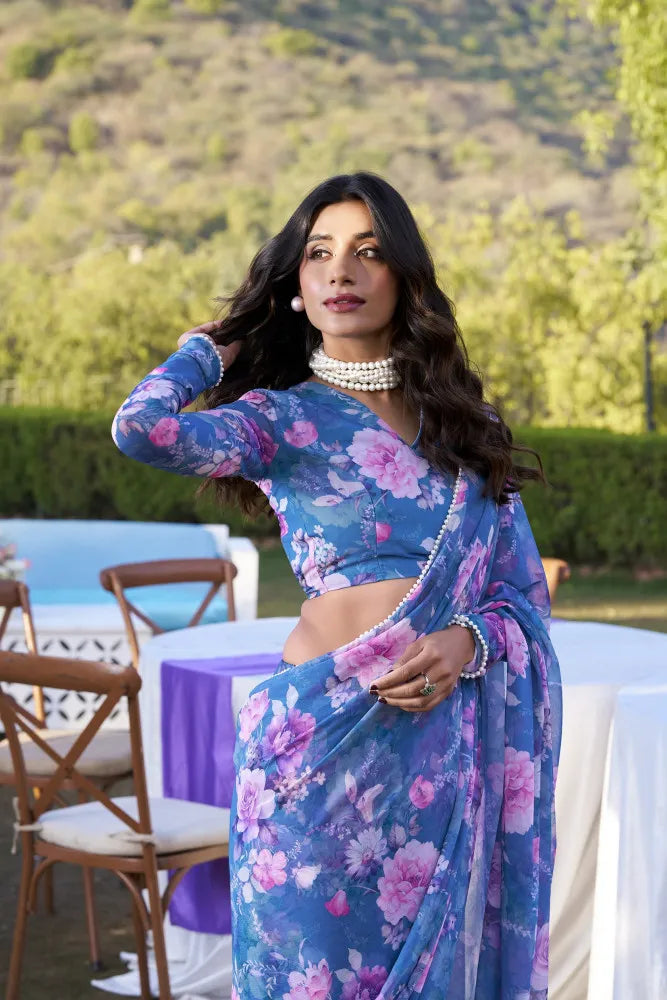 Elegant Weightless Marble Printed Blue Saree with Pearl Lace Border | Lightweight Designer Saree for Women
