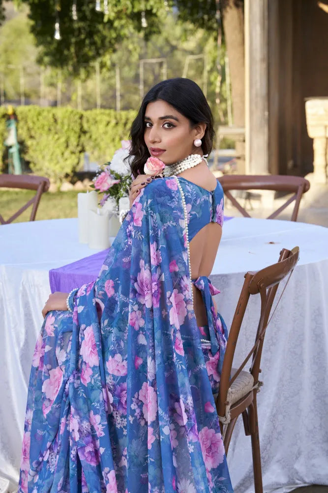 Elegant Weightless Marble Printed Blue Saree with Pearl Lace Border | Lightweight Designer Saree for Women