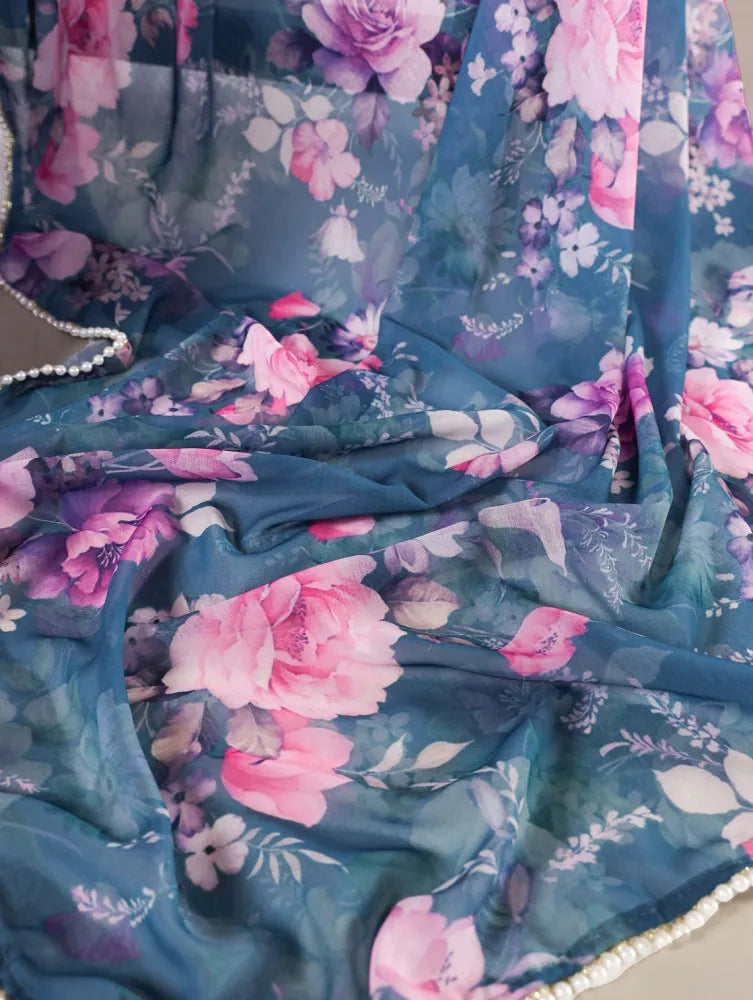 Elegant Weightless Marble Printed Blue Saree with Pearl Lace Border | Lightweight Designer Saree for Women