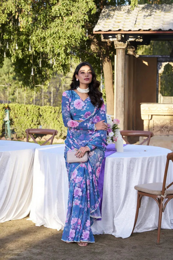Elegant Weightless Marble Printed Blue Saree with Pearl Lace Border | Lightweight Designer Saree for Women