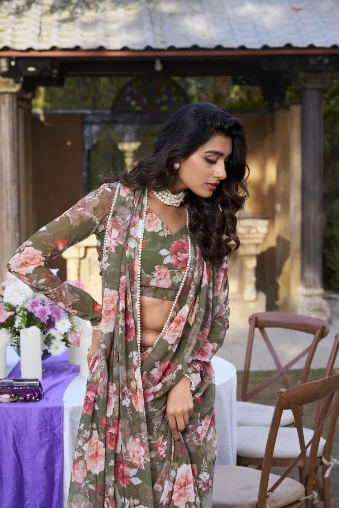 Elegant Weightless Marble Printed Mehendi Green Saree with Pearl Lace Border | Lightweight Designer Saree for Women