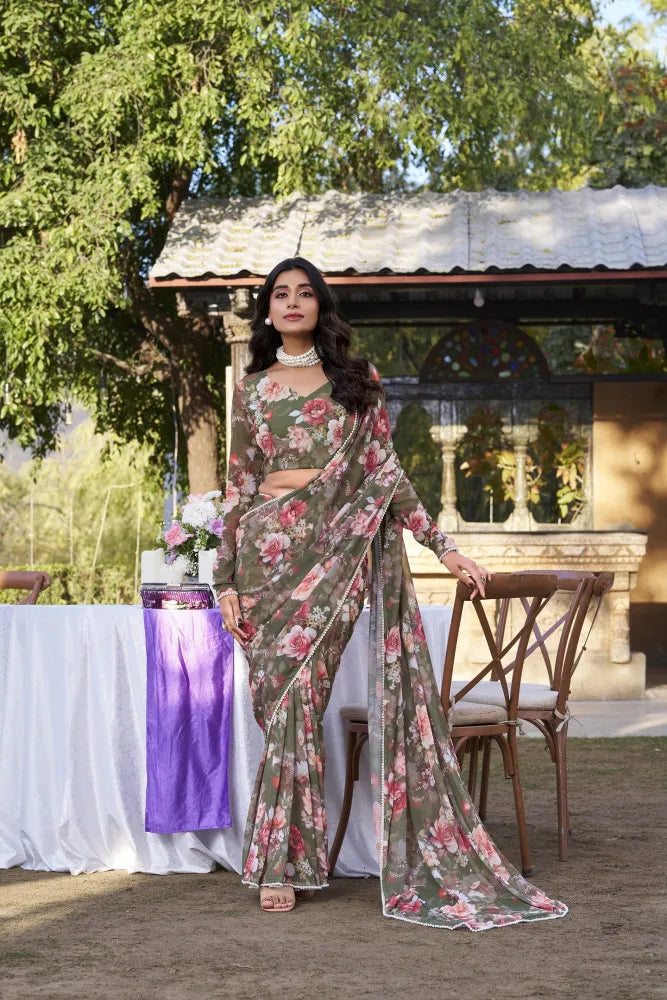 Elegant Weightless Marble Printed Mehendi Green Saree with Pearl Lace Border | Lightweight Designer Saree for Women