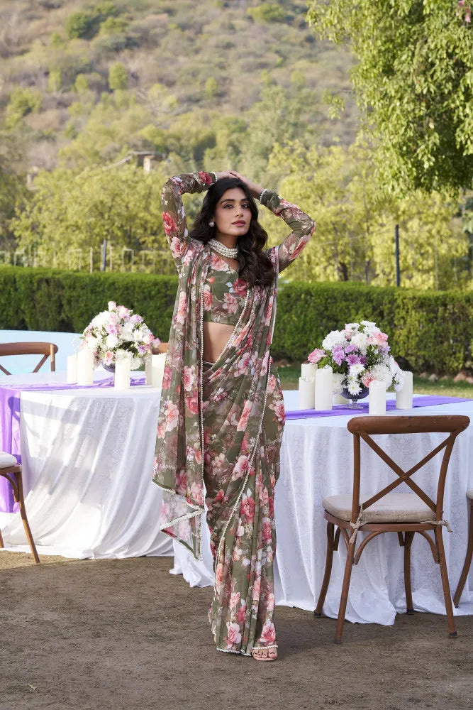Elegant Weightless Marble Printed Mehendi Green Saree with Pearl Lace Border | Lightweight Designer Saree for Women