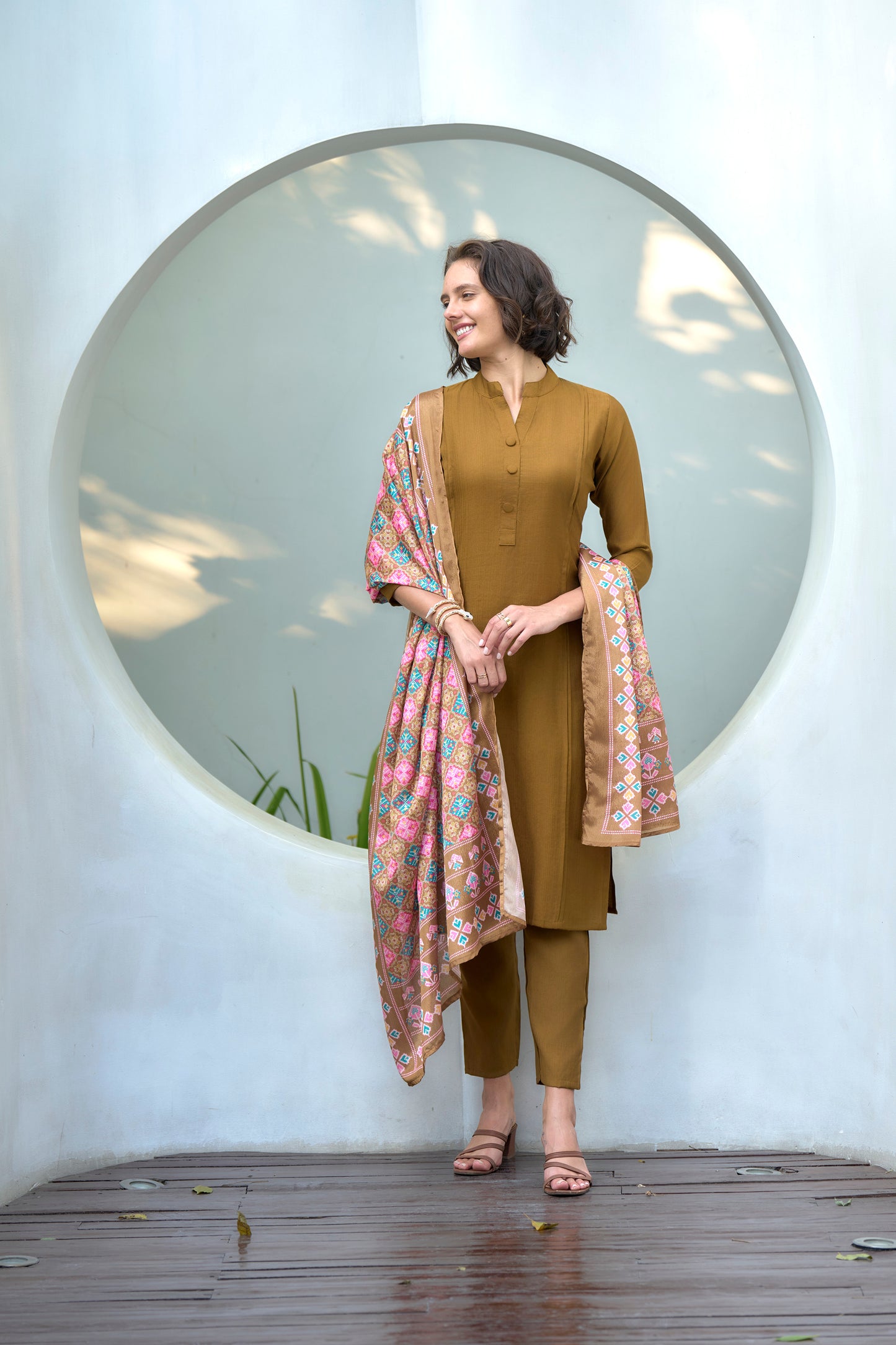 Mustard Yellow Vatican Kurta Set with Embroidered Neckline & Chinnon Dupatta