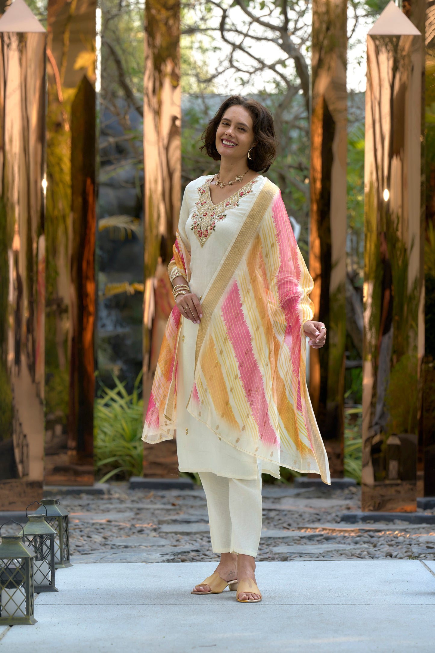 Cream Vatican Kurta Set with Embroidered Neckline & Chanderi Butti Dupatta