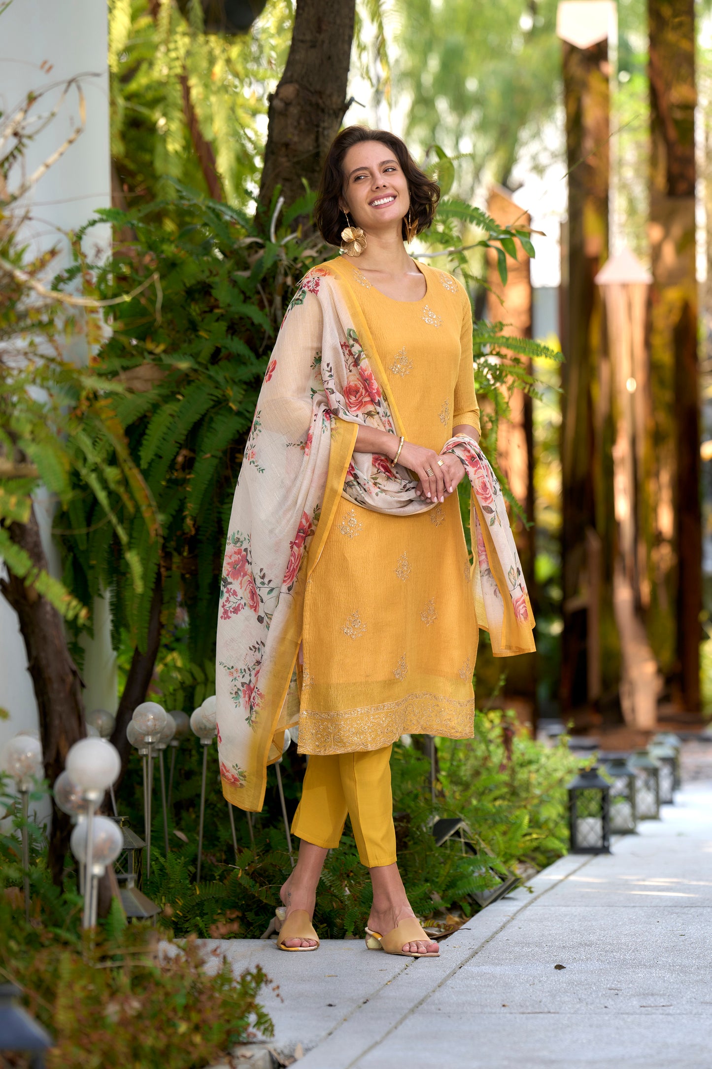 Yellow Tissue Kurta Set with Embroidered Neckline & Coordinated Dupatta