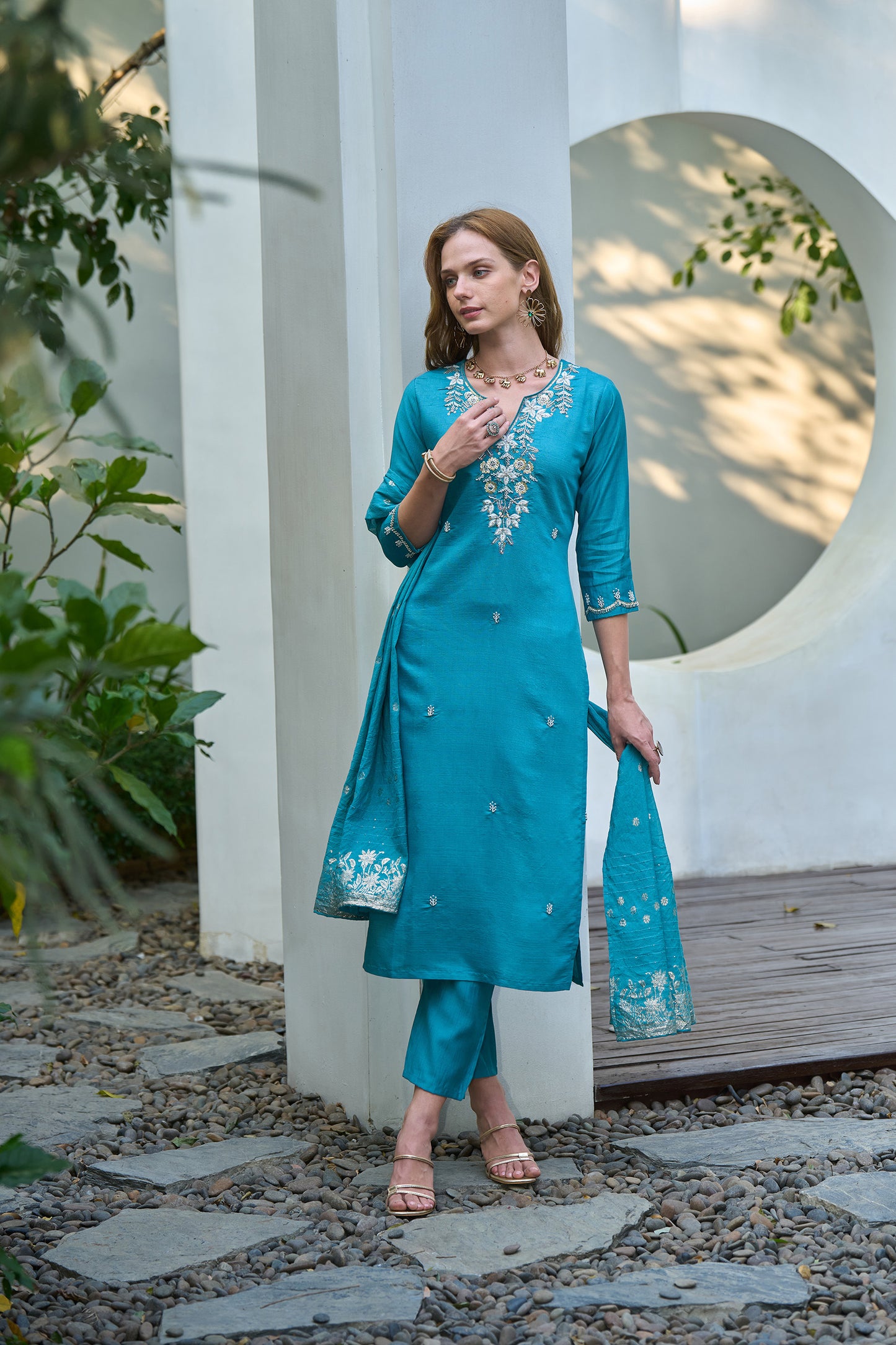 Blue Vatican Kurta Set with Embroidered Neckline & Chanderi Jacquard Dupatta