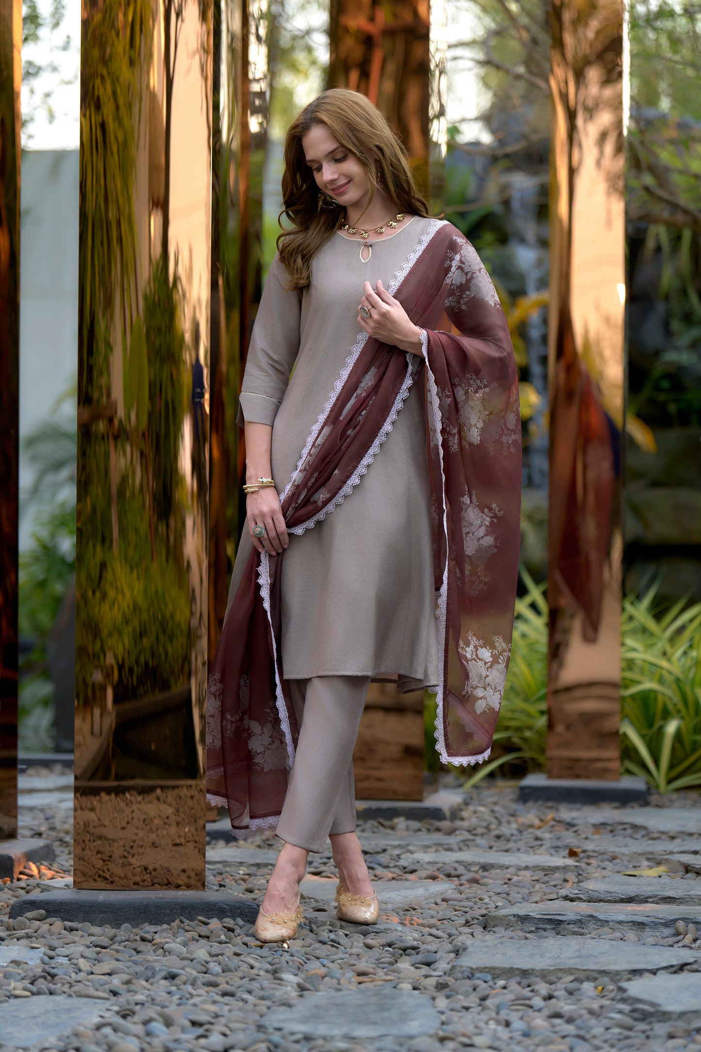Brown Vatican Kurta Set with Embroidered Neckline and Organza Dupatta
