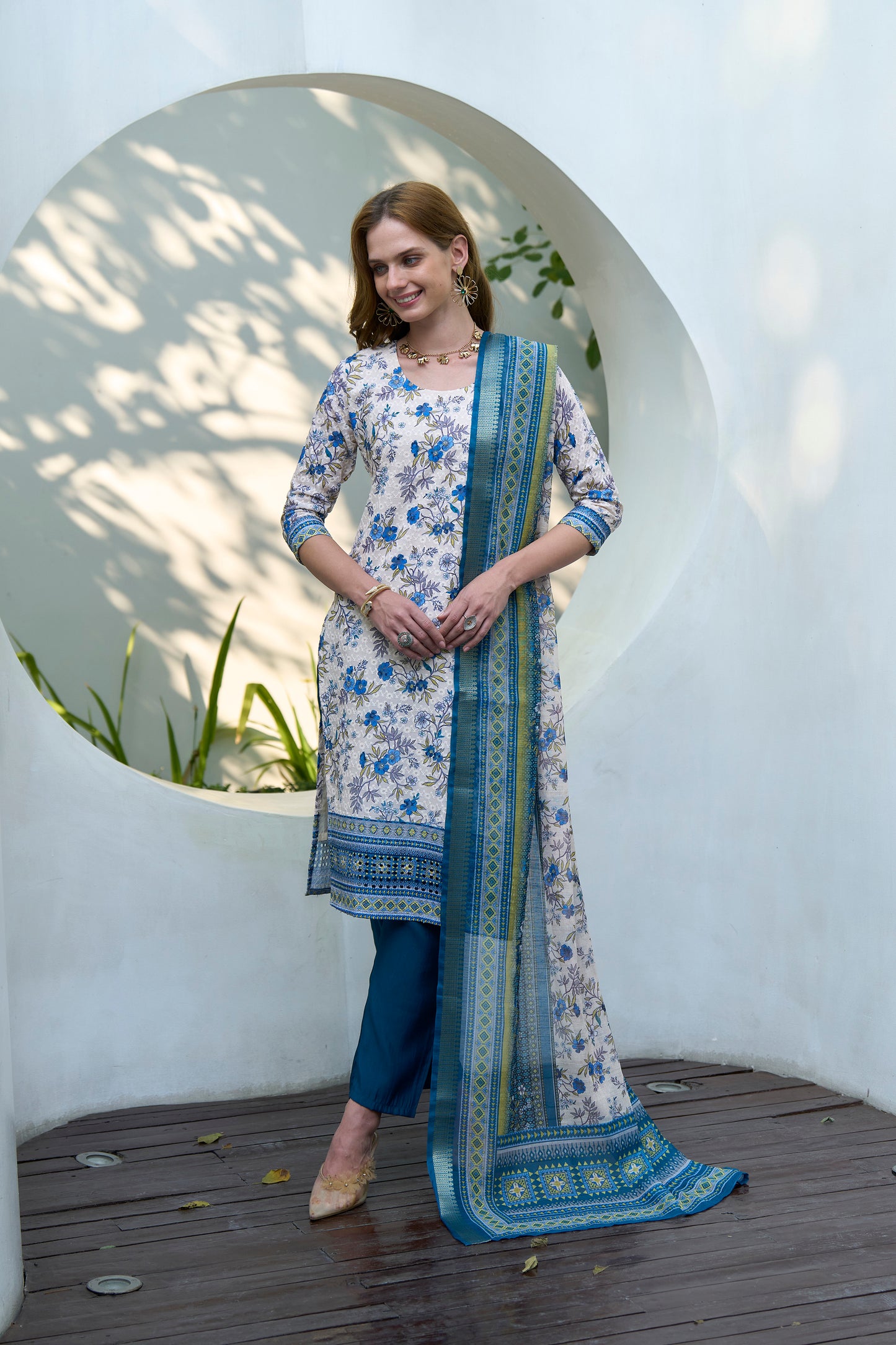 White & Blue Printed Cotton Kurta Set with Embroidered Neckline and Linen Dupatta