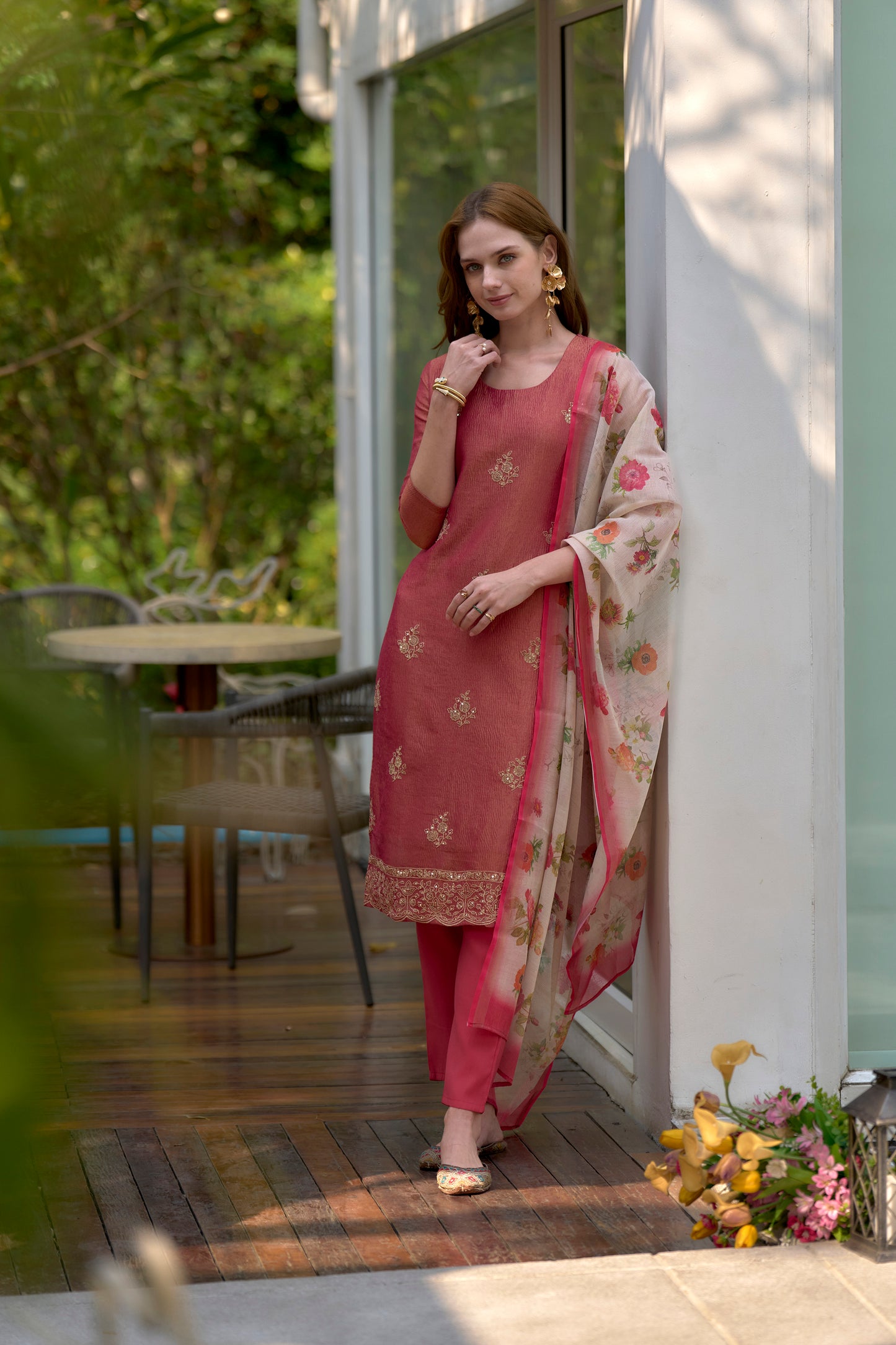 Pink Tissue Kurta Set with Embroidered Neckline & Coordinated Dupatta