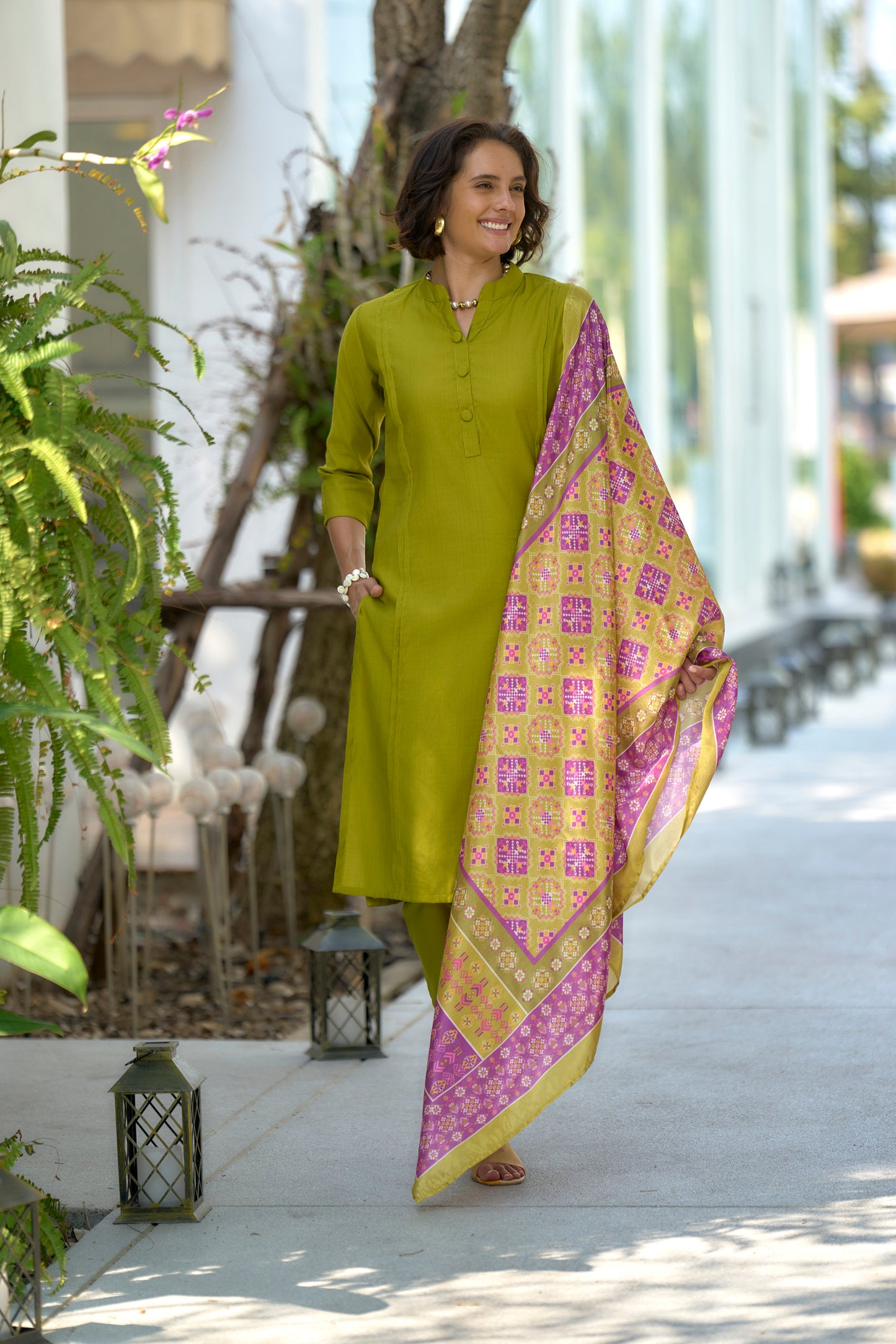 Mehendi Green Vatican Kurta Set with Embroidered Neckline and Chinnon Dupatta