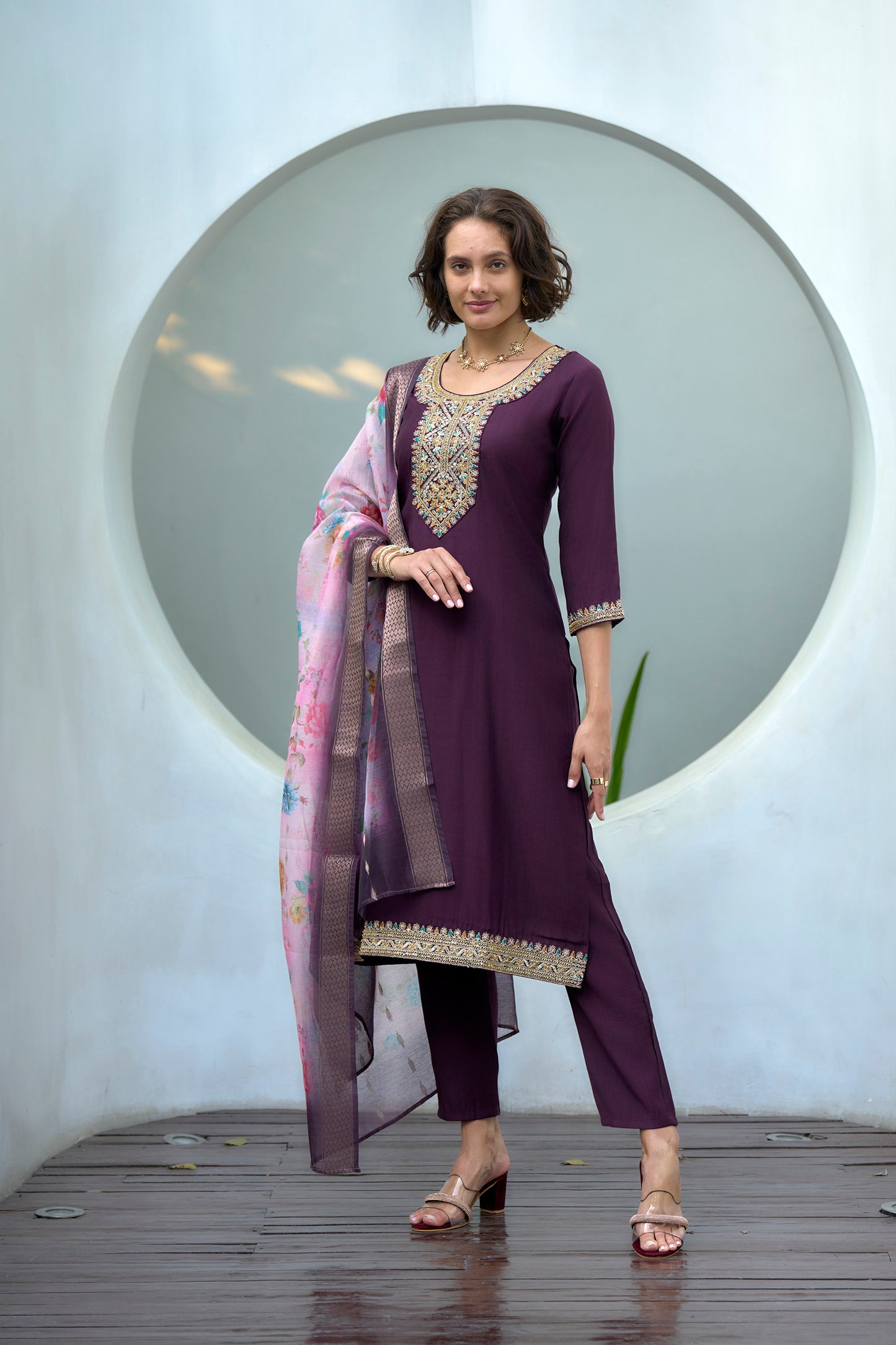 Purple Vatican Kurta Set with Embroidered Neckline & Chanderi Butti Dupatta