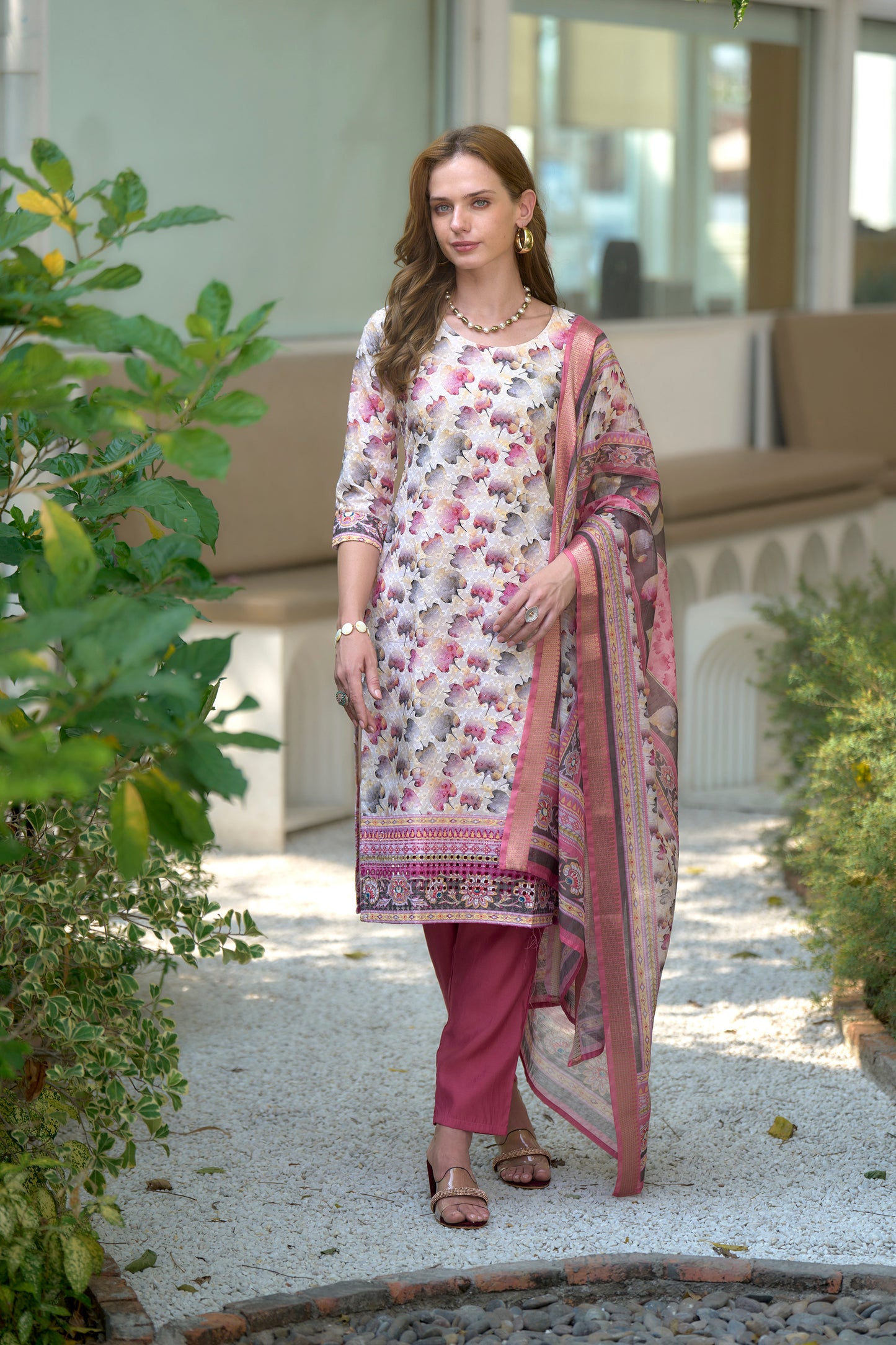 White & Pink Cotton Printed Kurta Set with Embroidered Neckline & Linen Dupatta
