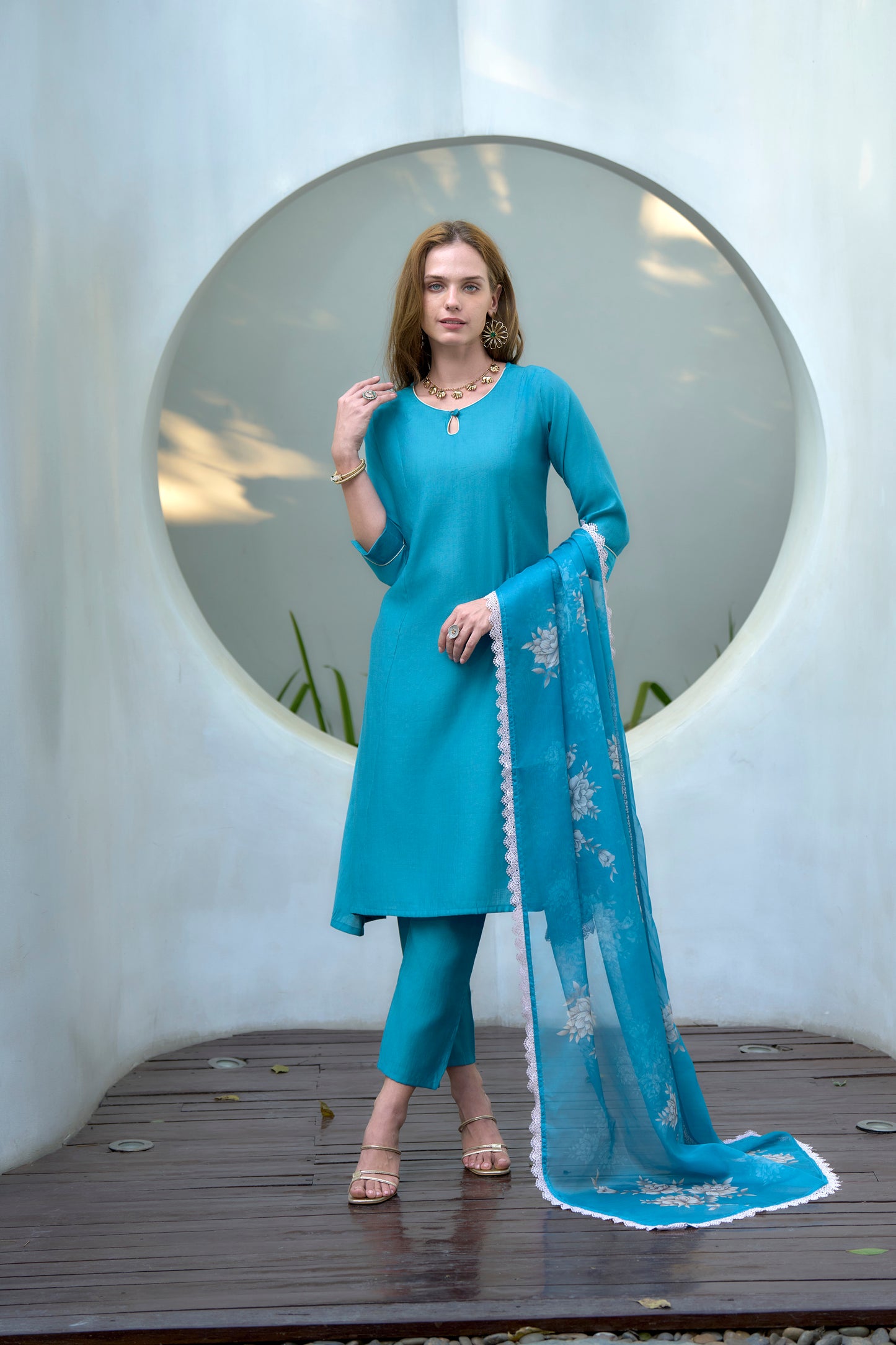 Sky Blue Vatican Kurta Set with Embroidered Neckline and Organza Dupatta