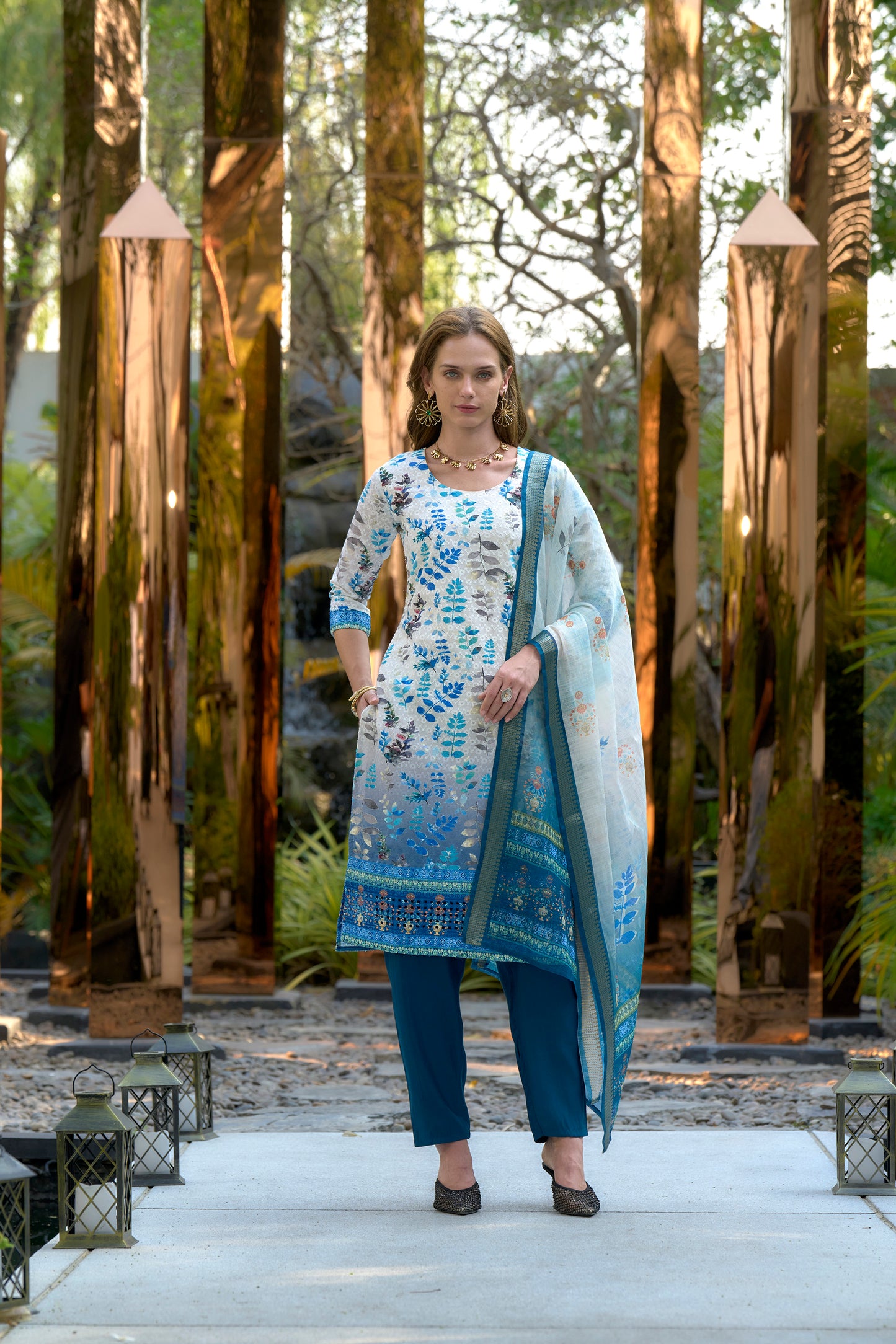 White & Blue Printed Cotton Kurta Set with Embroidered Neckline and Linen Dupatta