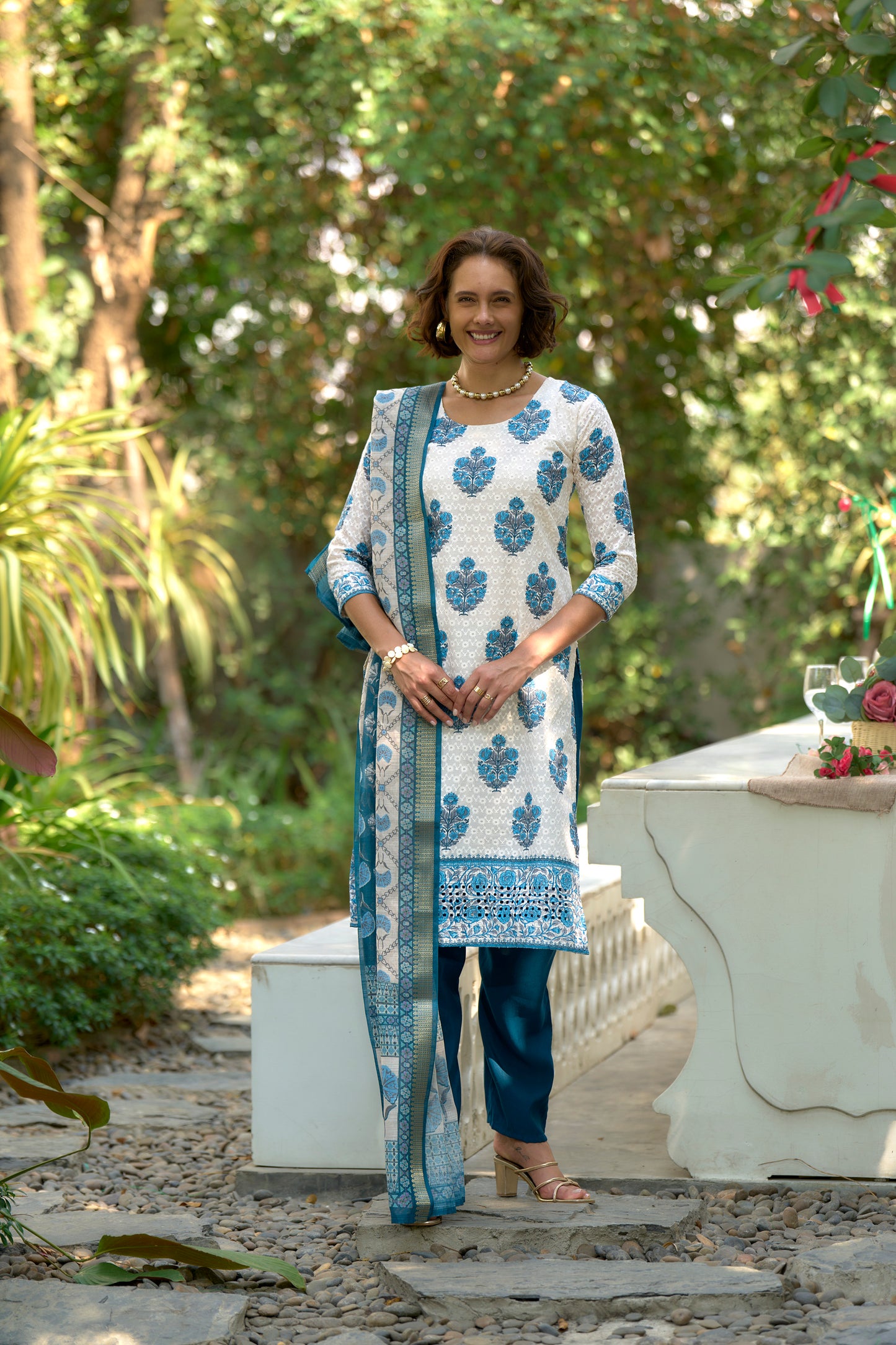 White Cotton Printed Kurta Set with Embroidered Neckline & Linen Dupatta