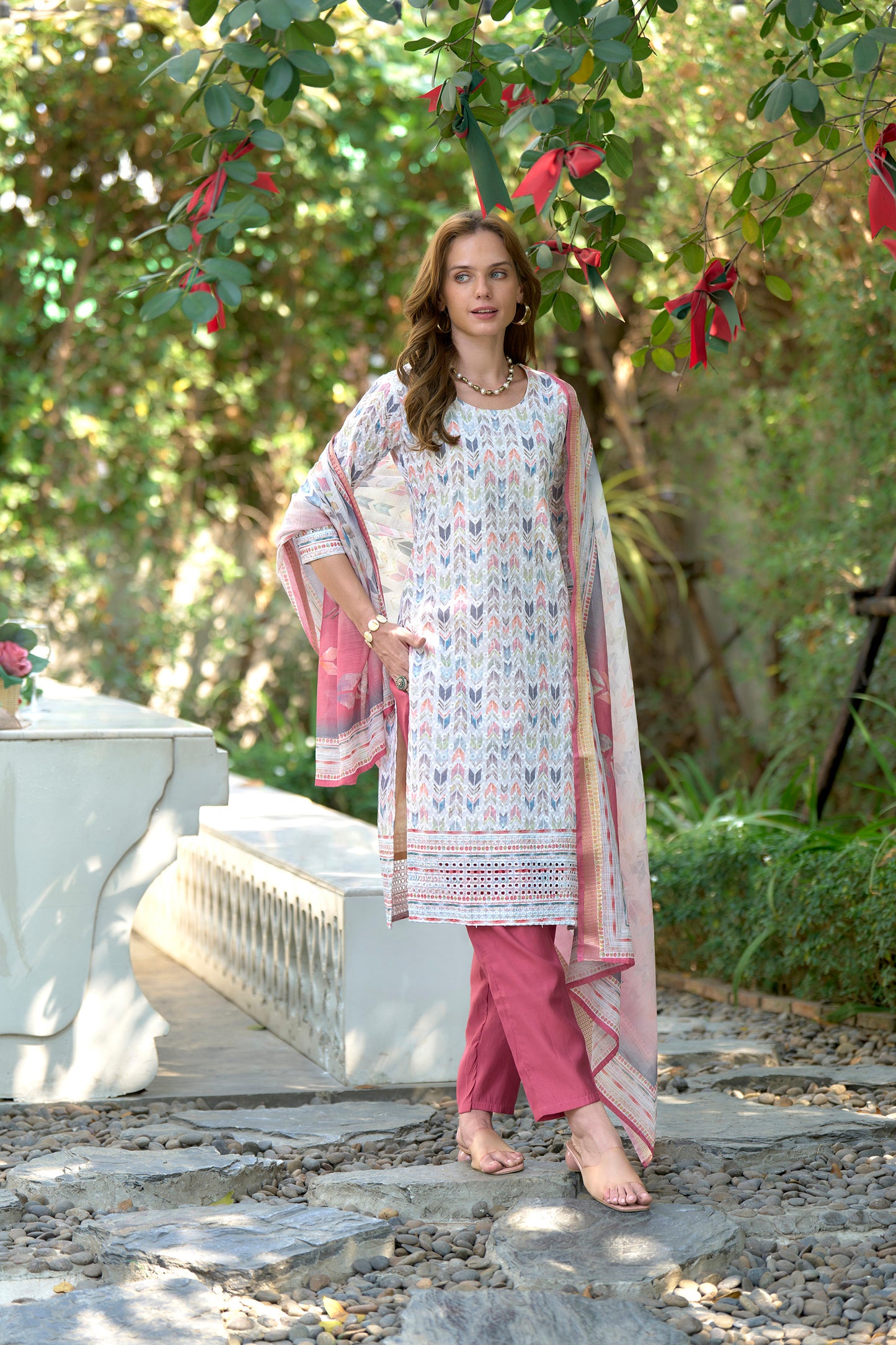 White Cotton Printed Kurta Set with Embroidered Neck & Linen Dupatta