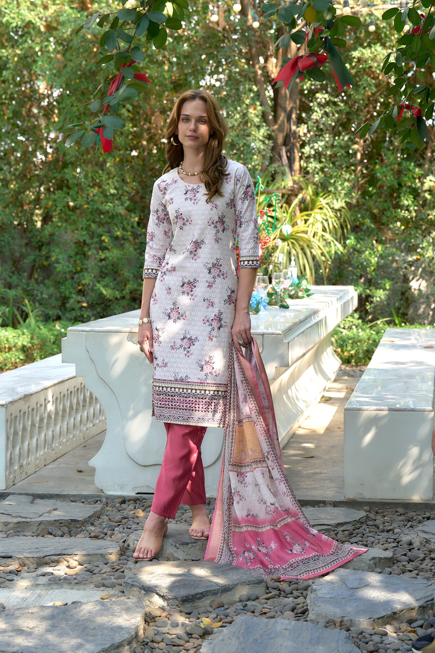 White Cotton Printed Kurta Set with Embroidered Neckline & Linen Dupatta